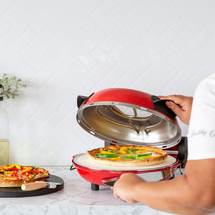 12-inch Pizza Oven with Thermal Control, Timer, Viewing Window, and Removable Stone - Red