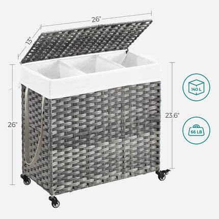 SONGMICS Laundry Hamper with Lid and Wheels 140L Grey
