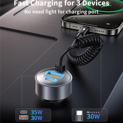 CHOETECH TC0030 65W 3-Port Fast Car Charger with 3.3ft Type-C Stretchable Cable
