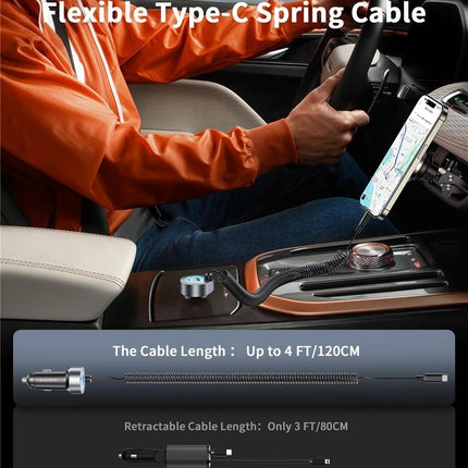 CHOETECH TC0030 65W 3-Port Fast Car Charger with 3.3ft Type-C Stretchable Cable