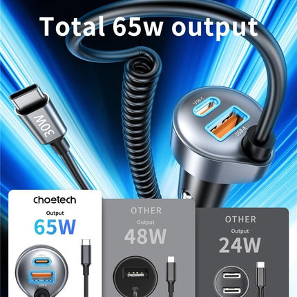 CHOETECH TC0030 65W 3-Port Fast Car Charger with 3.3ft Type-C Stretchable Cable