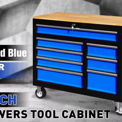 HORUSDY 42 inch 8 Drawer Tool Cabinet 1000 lbs Wood Top Power Strip Casters Blue