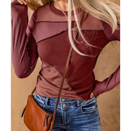 Azura Exchange Color Block Ribbed Knit Top with Exposed Seams - XL