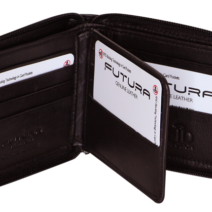 Futura Mens Zip Around Leather Wallet RFID Gift - Black