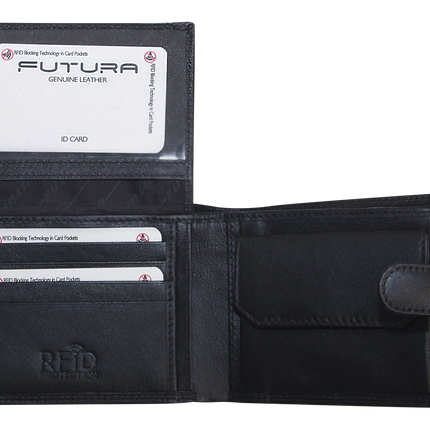 Futura Mens RFID Leather Coin Fold Over Wallet - Black