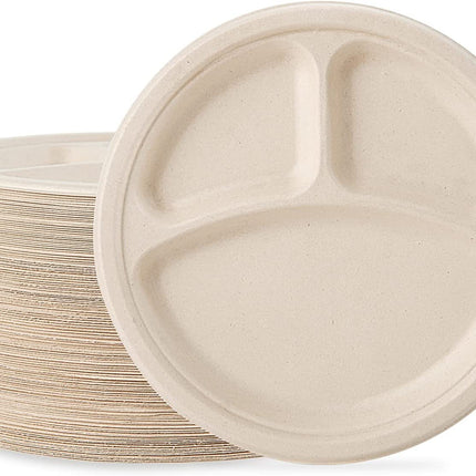 600pcs Disposable Sugarcane Bagasse 3-Compartment Paper Plates Eco 23cm (9") Bulk