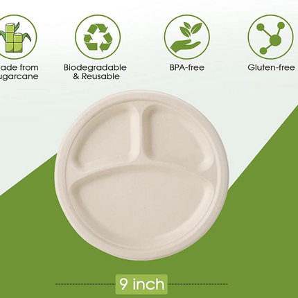 600pcs Disposable Sugarcane Bagasse 3-Compartment Paper Plates Eco 23cm (9") Bulk