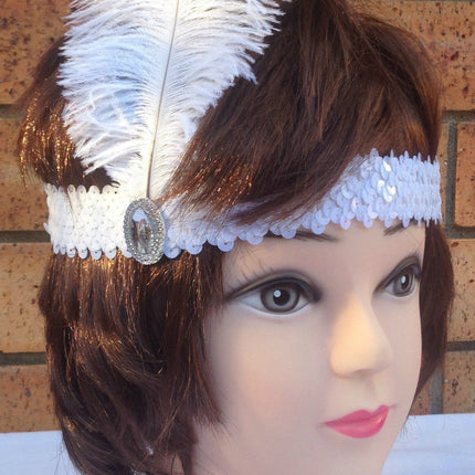 6x 1920s FLAPPER HEADBAND Headpiece Feather Sequin Charleston Costume Party BULK - White