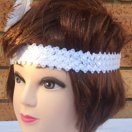 6x 1920s FLAPPER HEADBAND Headpiece Feather Sequin Charleston Costume Party BULK - White