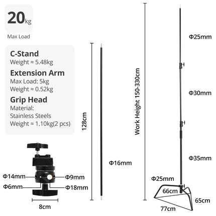 150-330cm Black Heavy Duty C-Stand Adjustable Light Stand Load 20KG Capacity