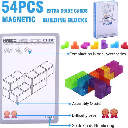 Magic Magnetic Cube Puzzle Set - 3D Rubik's Cube Building Blocks with Guide Cards for Creative Play